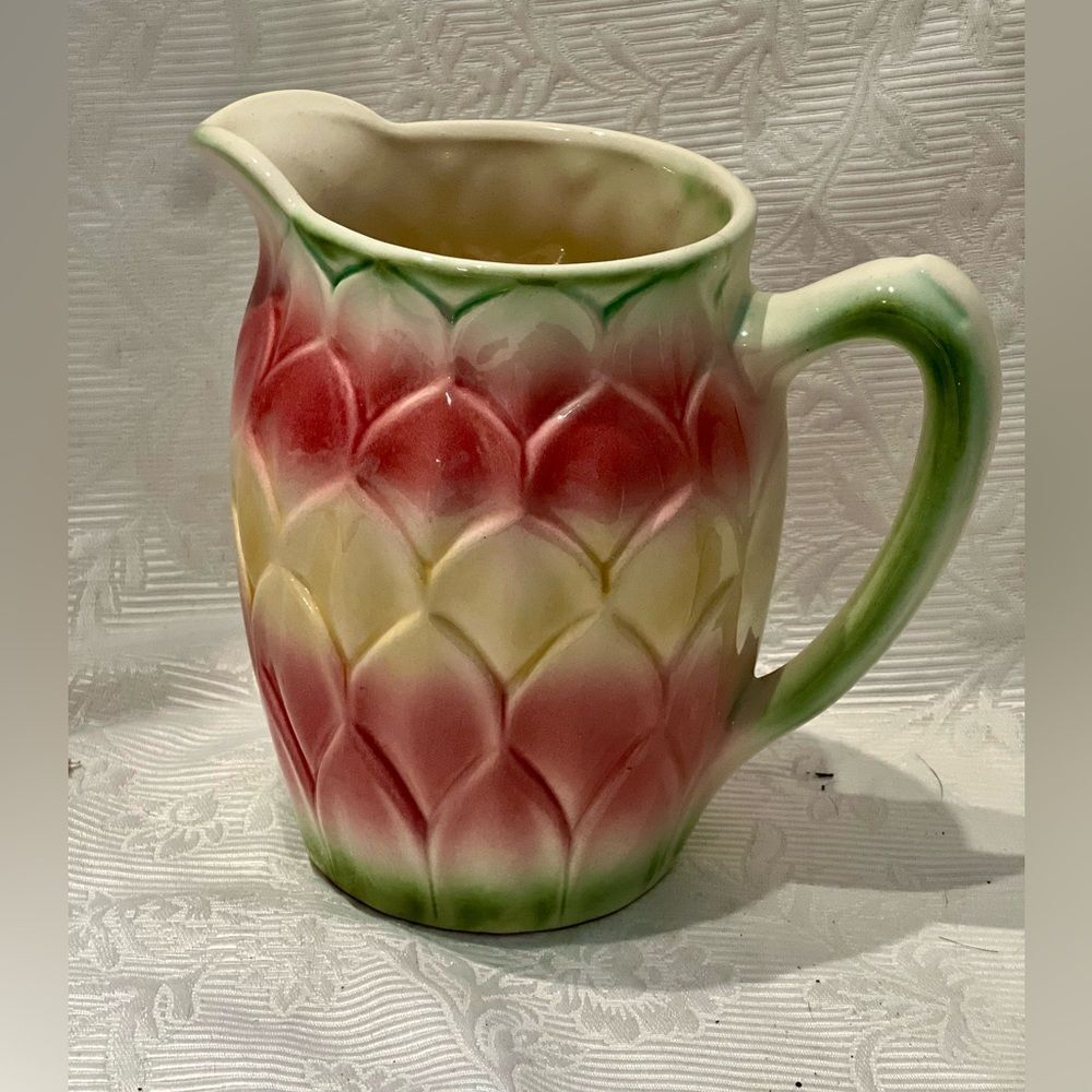 VINTAGE ST. CLEMENT FRANCE PINK GREEN‎ 7" ARTICHOKE PITCHER EXCELLENT CONDITION